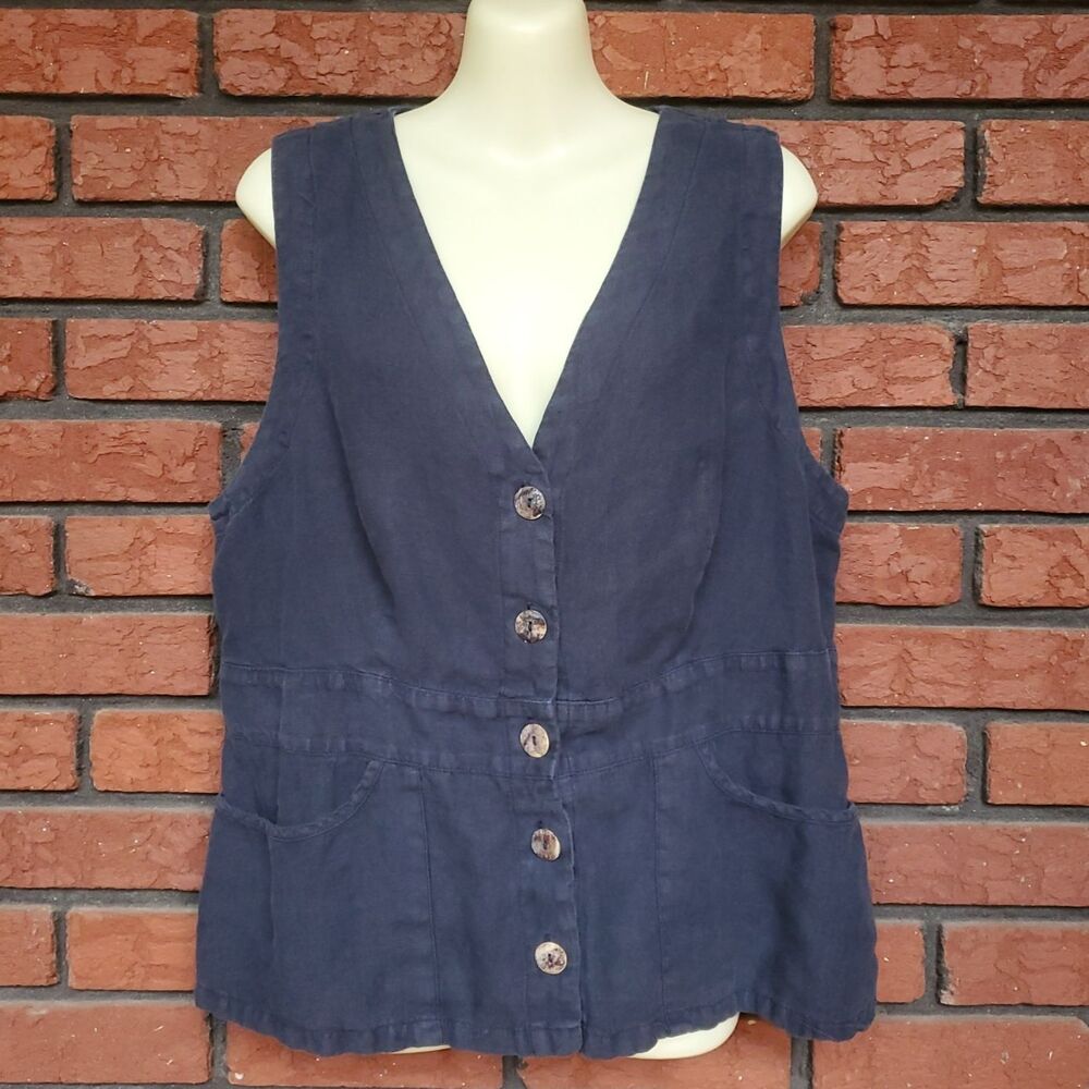 Vintage 100% Linen Button Up Vest Womens L Blue Minimalist Granola Pockets